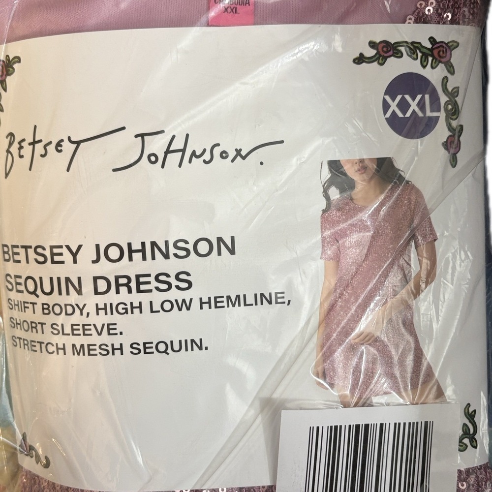 Betsey Johnson XXL Pink Mesh Sequin Crew Neckline Short Sleeve Shift Mini Dress - Picture 6 of 7